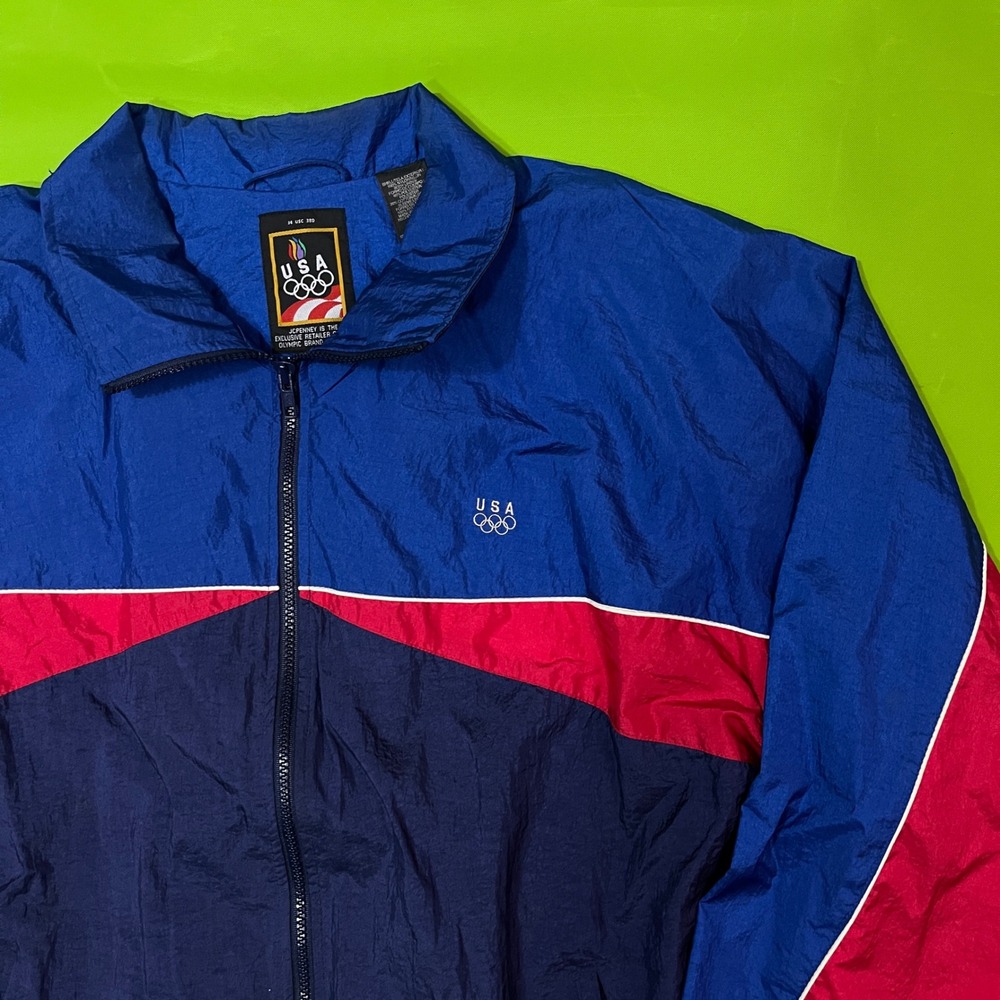 Vintage USA Olympics JCPenney Windbreaker Jacket Blue Red Colorblock Mens Medium